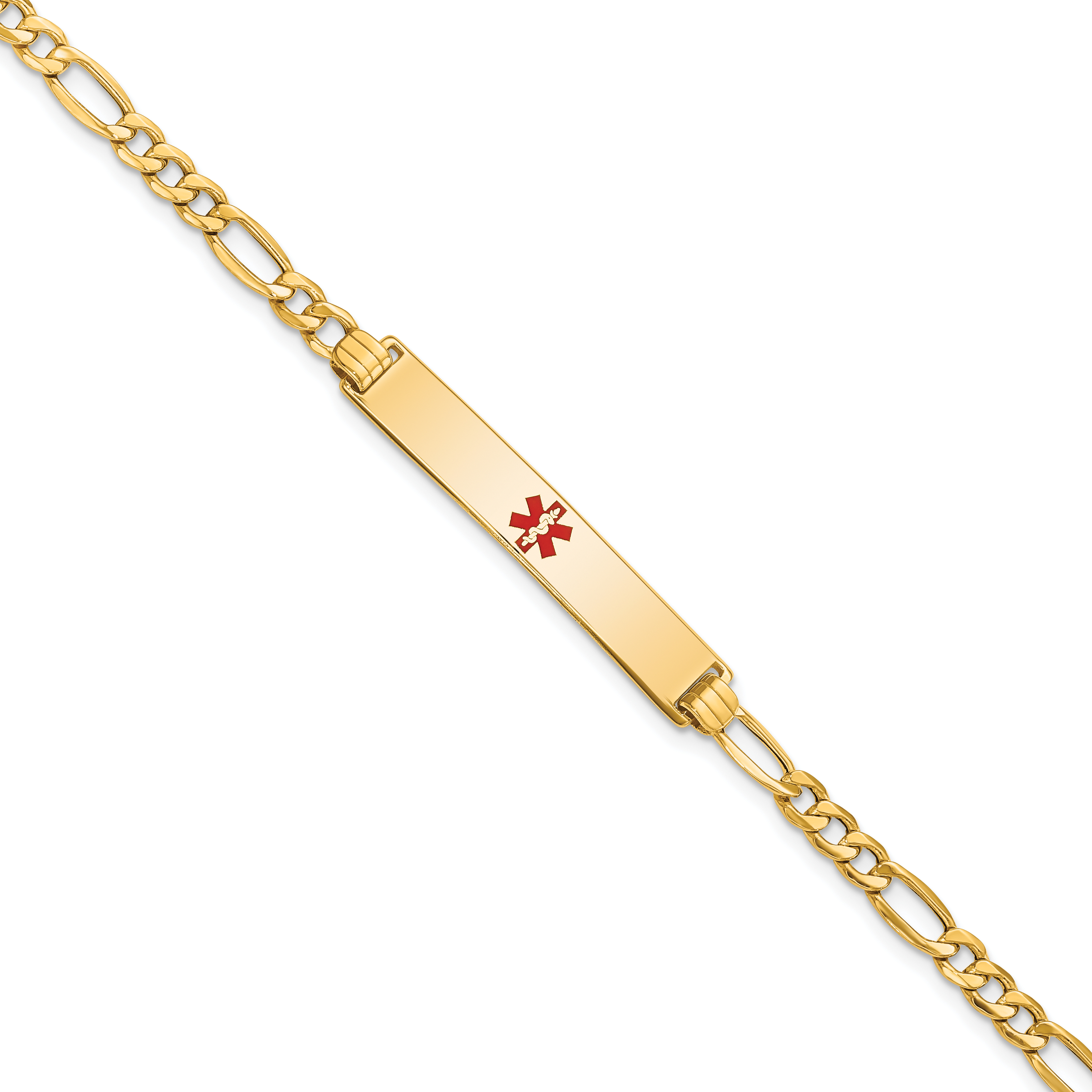 14K Medical Semi-Solid Chain/Solid Plate 34x6mm Centered Red Enamel Figaro Link 7 inch ID Bracelet (XM563CR-7)