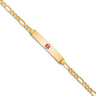 14K Medical Semi-Solid Chain/Solid Plate 34x6mm Centered Red Enamel Figaro Link 7 inch ID Bracelet