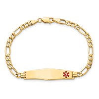 14K Yellow Gold Medical Semi-Solid Chain Solid Plate Soft Diamond Shape 34x 8mm Off-Center Red Enamel Figaro Link ID Bracelet, 8" view 4