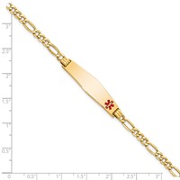 14K Yellow Gold Medical Semi-Solid Chain Solid Plate Soft Diamond Shape 34x 8mm Off-Center Red Enamel Figaro Link ID Bracelet, 8" view 3