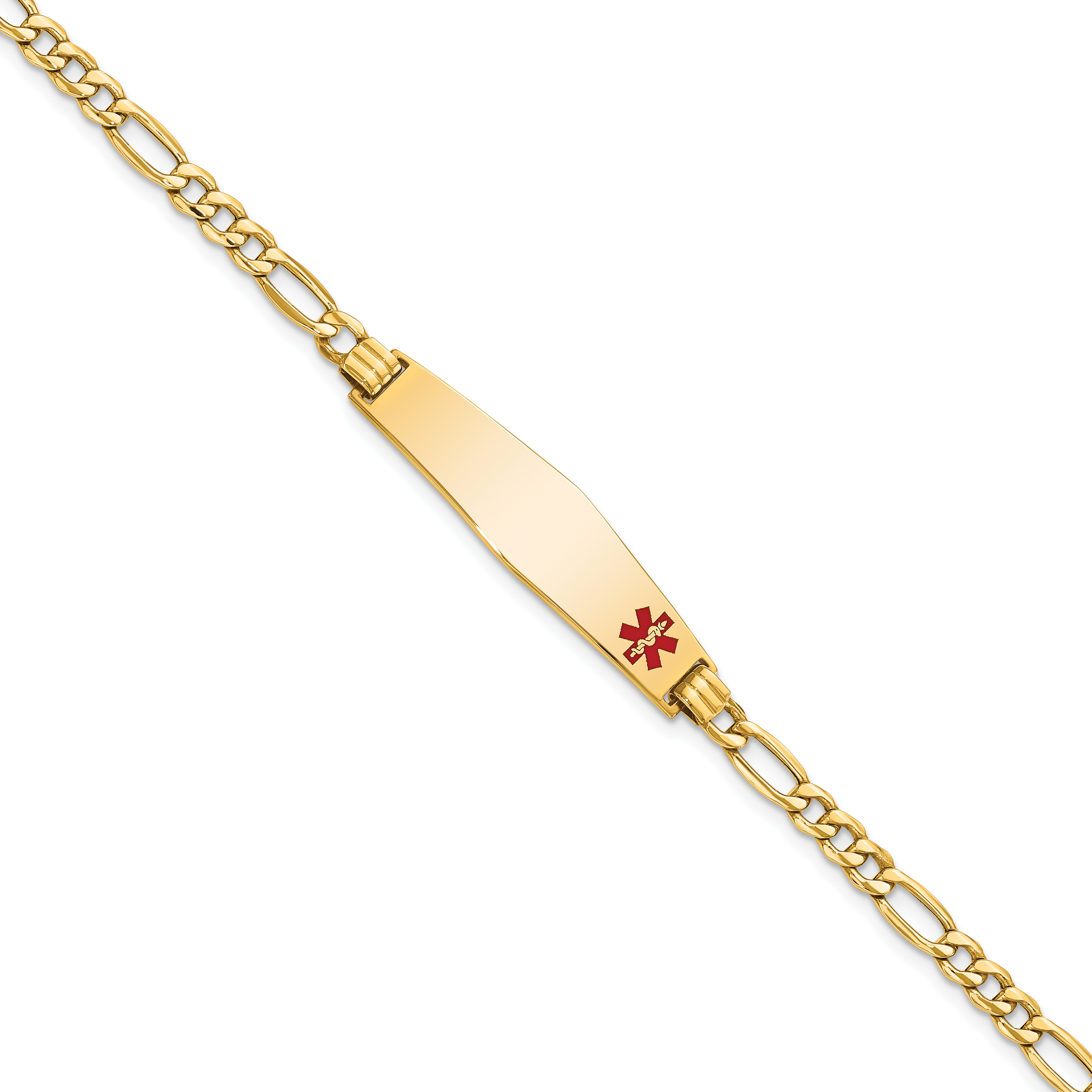 14K Medical Semi-Solid Chain/Solid Plate Soft Diamond Shape 34x8mm Off-Center Red Enamel Figaro Link 8 inch ID Bracelet (XM563FC-8)