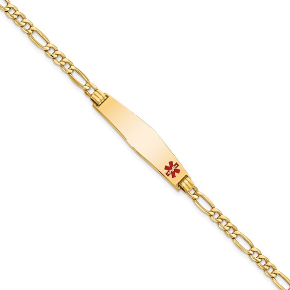 14K Medical Semi-Solid Chain/Solid Plate Soft Diamond Shape 34x8mm Off-Center Red Enamel Figaro Link 7 inch ID Bracelet