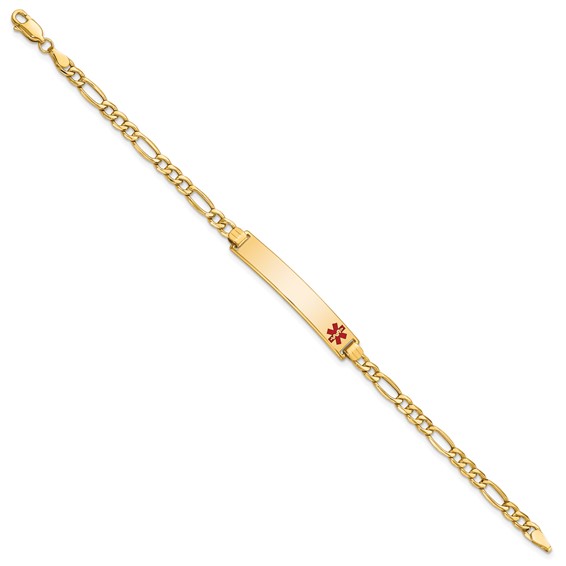 14K Medical Semi-Solid Chain/Solid Plate 35x6mm Off-Center Red Enamel Figaro Link 7 inch ID Bracelet