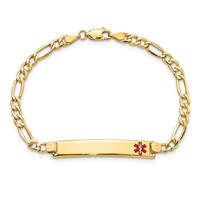 14K Yellow Gold Medical Semi-Solid Chain Solid Plate 35x 6mm Off-Center Red Enamel Figaro Link ID Bracelet, 7" view 4