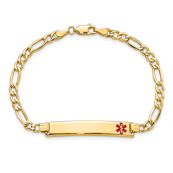 14K Medical Semi-Solid Chain/Solid Plate 35x6mm Off-Center Red Enamel Figaro Link 7 inch ID Bracelet