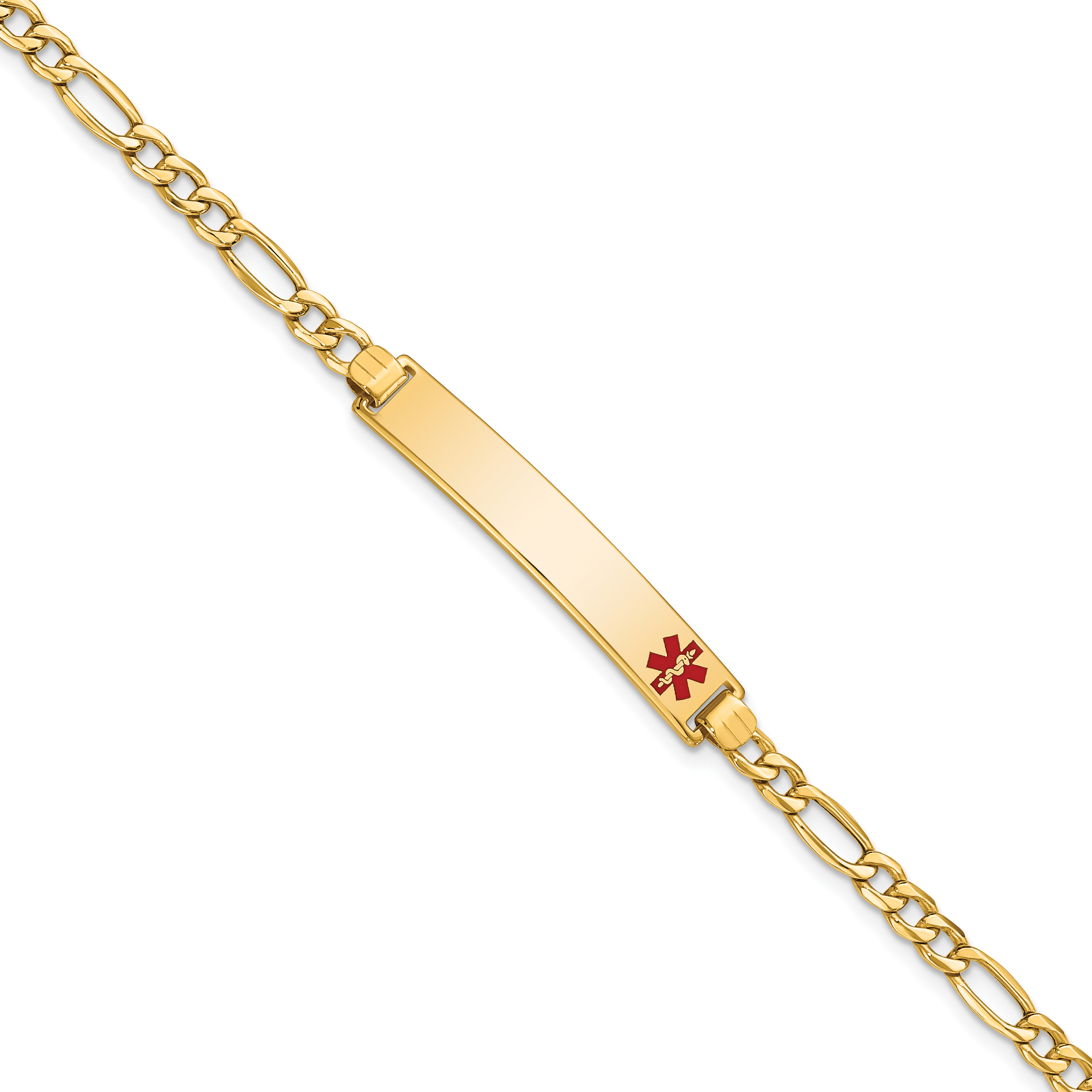 14K Medical Semi-Solid Chain/Solid Plate 35x6mm Off-Center Red Enamel Figaro Link 7 inch ID Bracelet (XM563FR-7)