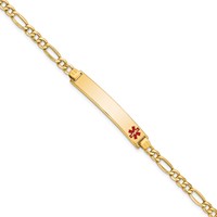 14K Yellow Gold Medical Semi-Solid Chain Solid Plate 35x 6mm Off-Center Red Enamel Figaro Link ID Bracelet, 7" view 1