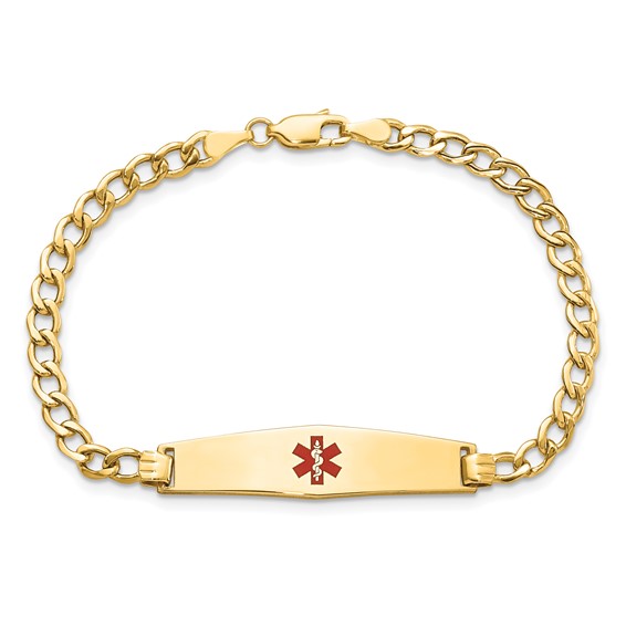 14K Medical Semi-Solid Chain/Solid Plate Soft Diamond Shape 33x8mm Centered Red Enamel Curb Link 8 inch ID Bracelet