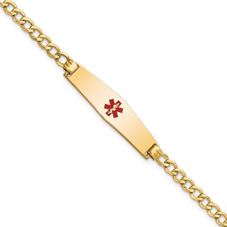 14K Medical Semi-Solid Chain/Solid Plate Soft Diamond Shape 33x8mm Centered Red Enamel Curb Link 8 inch ID Bracelet