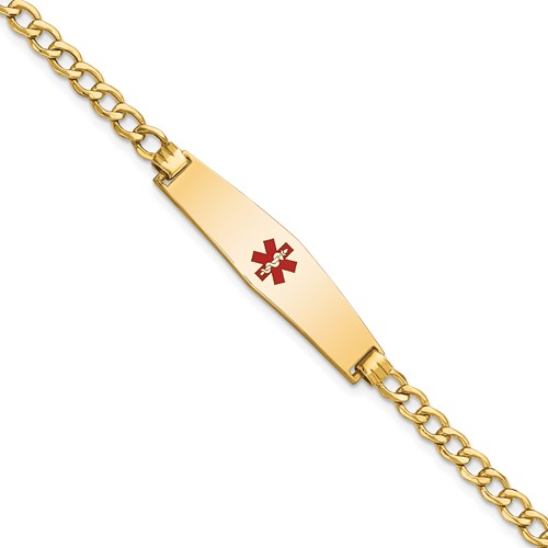 14K Yellow Gold Medical Semi-Solid Chain Solid Plate Soft Diamond Shape 33x 8mm Centered Red Enamel Curb Link ID Bracelet, 8"