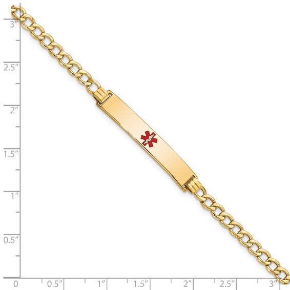 14K Medical Semi-Solid Chain/Solid Plate 34x6mm Centered Red Enamel Curb Link 8 inch ID Bracelet