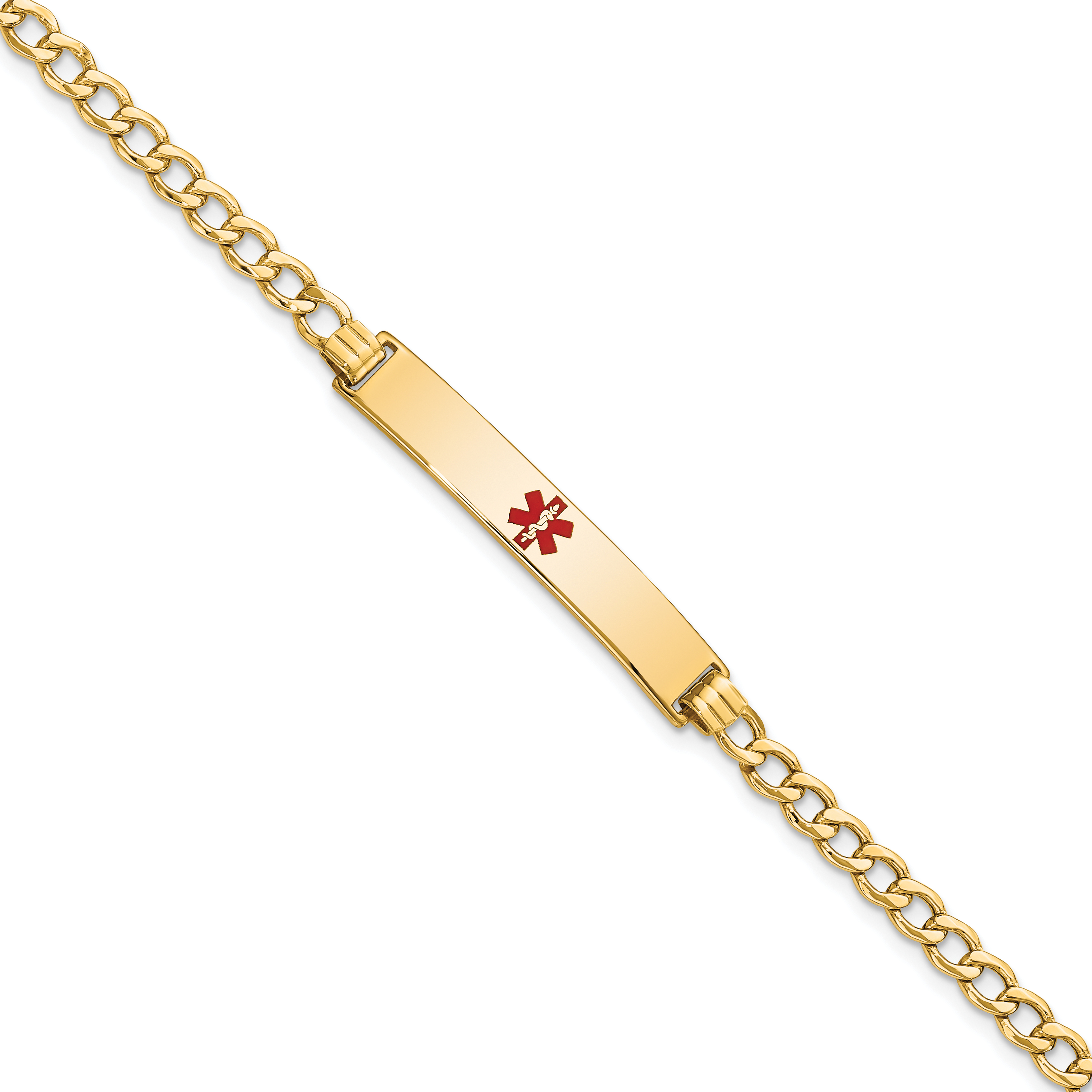 14K Medical Semi-Solid Chain/Solid Plate 34x6mm Centered Red Enamel Curb Link 8 inch ID Bracelet (XM564CR-8)