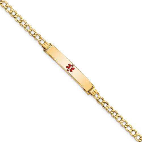 14K Yellow Gold Medical Semi-Solid Chain Solid Plate 34x 6mm Centered Red Enamel Curb Link ID Bracelet, 8"