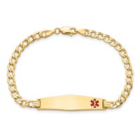 14K Yellow Gold Medical Semi-Solid Chain Solid Plate Soft Diamond Shape 34x8mm Off-Center Red Enamel Curb Link ID Bracelet - 8in view 4