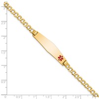 14K Yellow Gold Medical Semi-Solid Chain Solid Plate Soft Diamond Shape 34x8mm Off-Center Red Enamel Curb Link ID Bracelet - 8in view 3