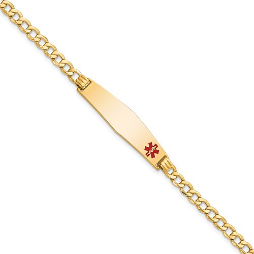 14K Yellow Gold Medical Semi-Solid Chain Solid Plate Soft Diamond Shape 34x 8mm Off-Center Red Enamel Curb Link ID Bracelet, 8"