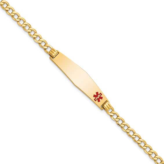 14K Medical Semi-Solid Chain/Solid Plate Soft Diamond Shape 34x8mm Off-Center Red Enamel Curb Link 8 inch ID Bracelet