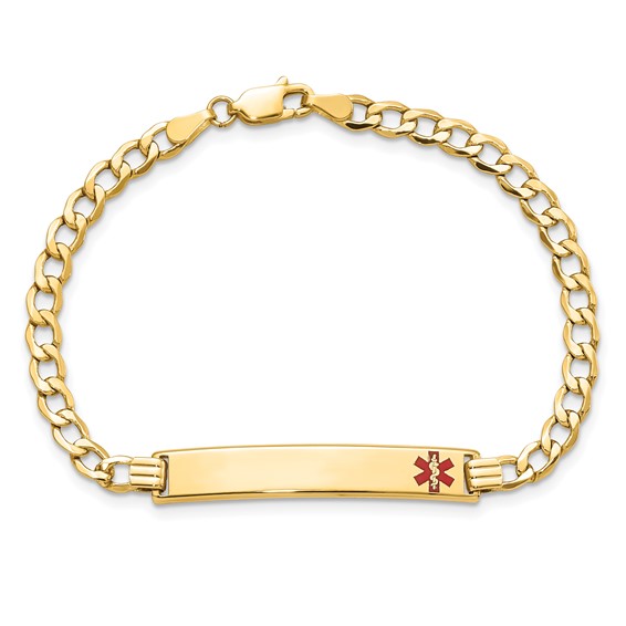 14K Medical Semi-Solid Chain/Solid Plate 35x6mm Off-Center Red Enamel Curb Link 8 inch ID Bracelet