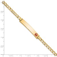 14K Yellow Gold Medical Semi-Solid Chain Solid Plate 35x 6mm Off-Center Red Enamel Curb Link ID Bracelet, 8" view 3