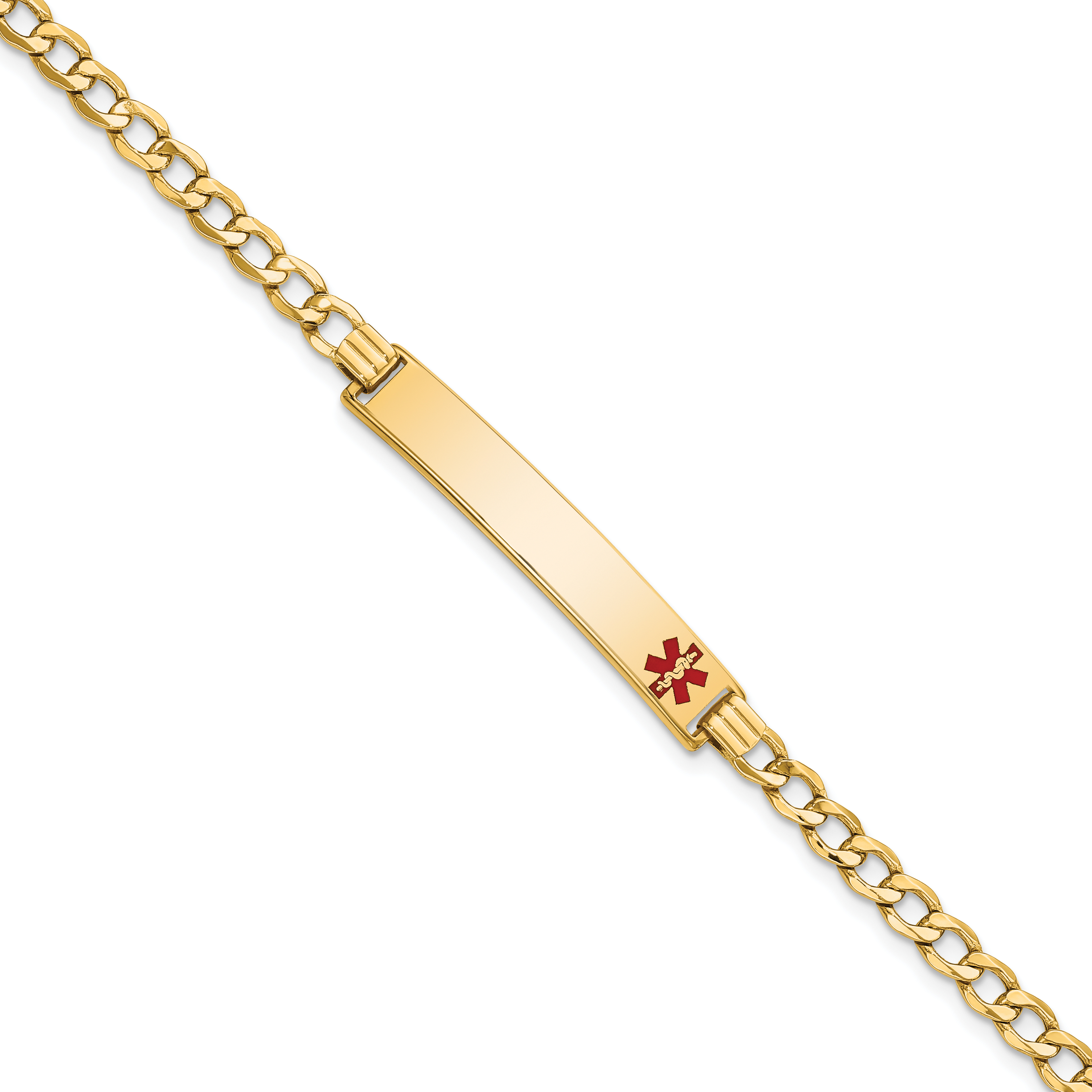 14K Medical Semi-Solid Chain/Solid Plate 35x6mm Off-Center Red Enamel Curb Link 8 inch ID Bracelet (XM564FR-8)