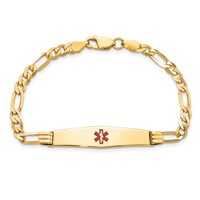 14K Yellow Gold Medical Solid Chain Solid Plate Soft Diamond Shape 36x 9mm Centered Red Enamel Figaro Link ID Bracelet, 8" view 4