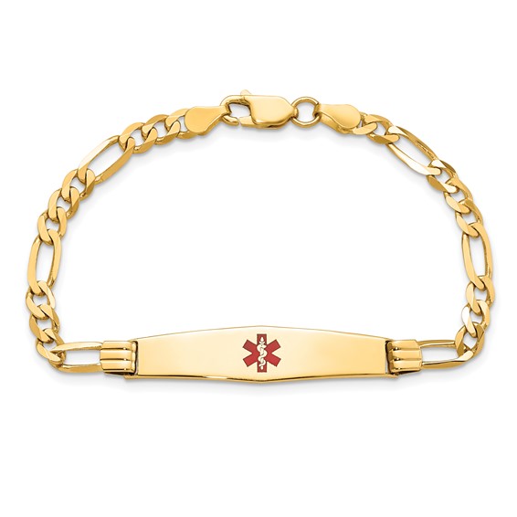 14K Medical Solid Chain/Solid Plate Soft Diamond Shape 36x9mm Centered Red Enamel Figaro Link 7 inch ID Bracelet