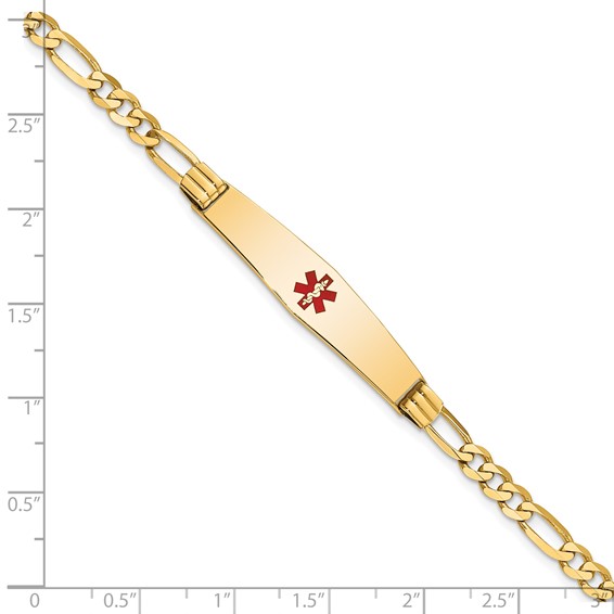 14K Medical Solid Chain/Solid Plate Soft Diamond Shape 36x9mm Centered Red Enamel Figaro Link 7 inch ID Bracelet