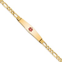 14K Yellow Gold Medical Solid Chain Solid Plate Soft Diamond Shape 36x 9mm Centered Red Enamel Figaro Link ID Bracelet, 8" view 1