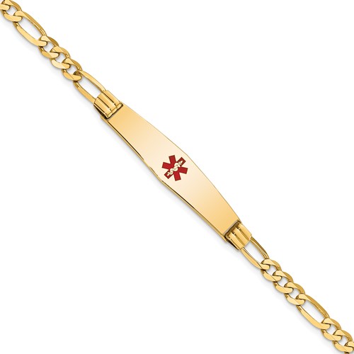 14K Yellow Gold Medical Solid Chain Solid Plate Soft Diamond Shape 36x 9mm Centered Red Enamel Figaro Link ID Bracelet, 8"
