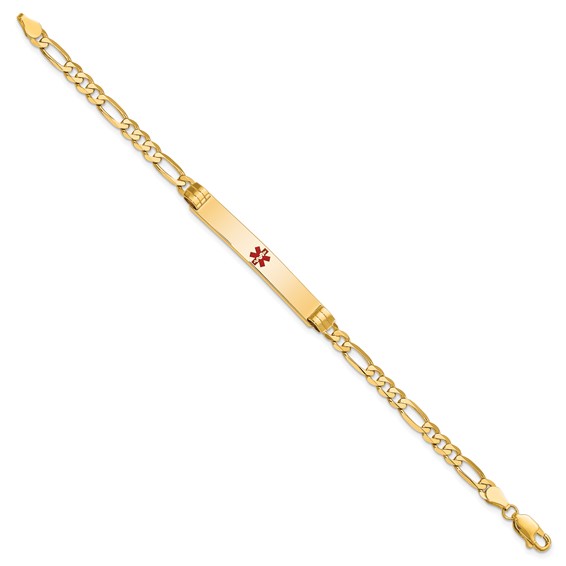 14K Medical Solid Chain/Solid Plate 37x6mm Centered Red Enamel Figaro Link 7 inch ID Bracelet