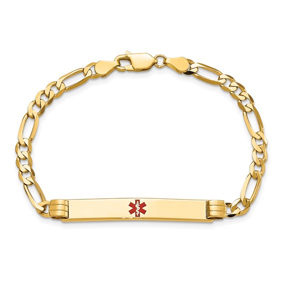 14K Medical Solid Chain/Solid Plate 37x6mm Centered Red Enamel Figaro Link 7 inch ID Bracelet