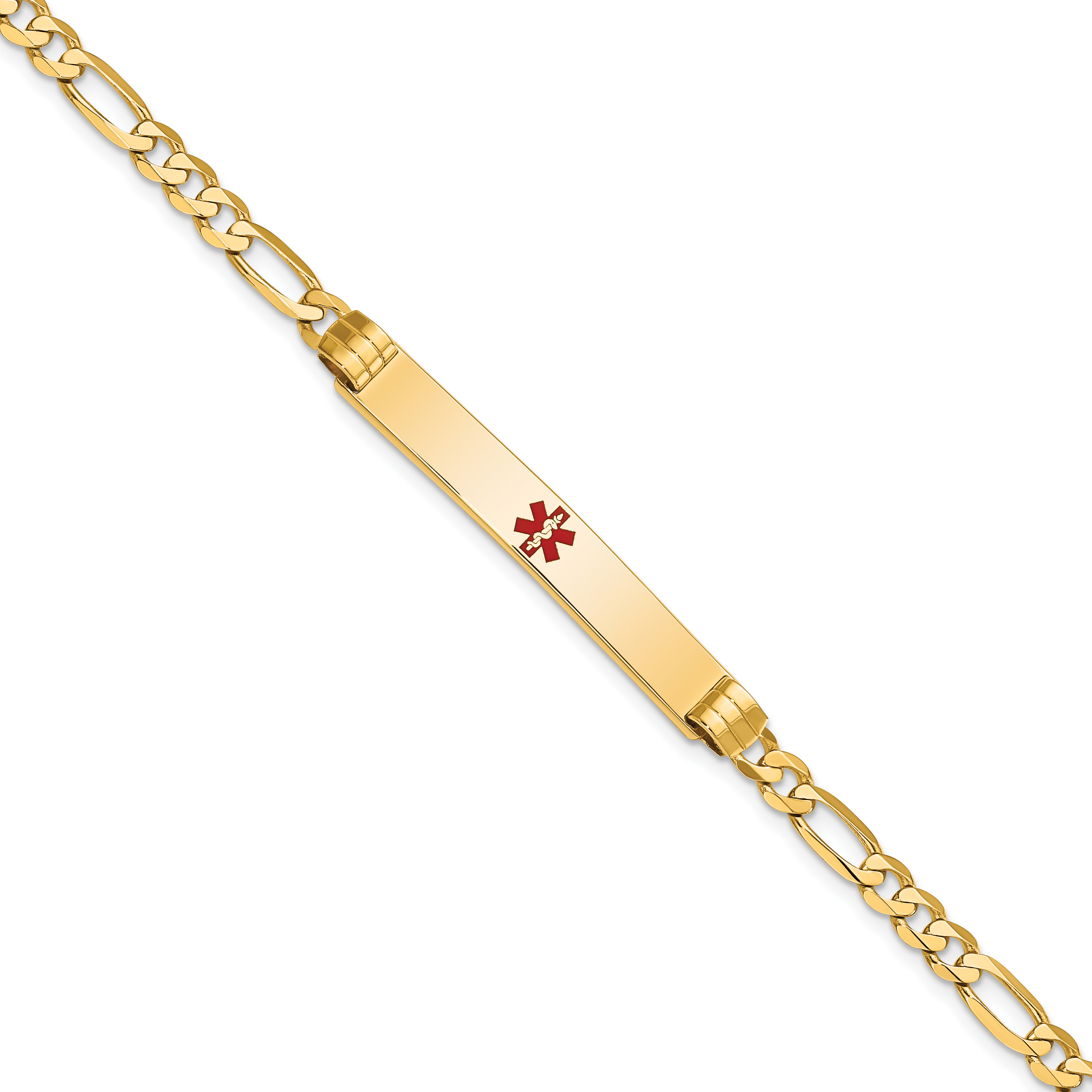 14K Medical Solid Chain/Solid Plate 37x6mm Centered Red Enamel Figaro Link 7 inch ID Bracelet (XM565CR-7)