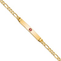 14K Yellow Gold Medical Solid Chain Solid Plate 37x6mm Centered Red Enamel Figaro Link ID Bracelet - 7in view 1
