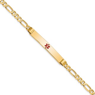 14K Medical Solid Chain/Solid Plate 37x6mm Centered Red Enamel Figaro Link 7 inch ID Bracelet