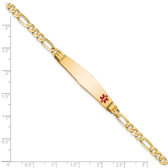 14K Medical Solid Chain/Solid Plate Soft Diamond Shape 36x9mm Off-Center Red Enamel Figaro Link 7 inch ID Bracelet