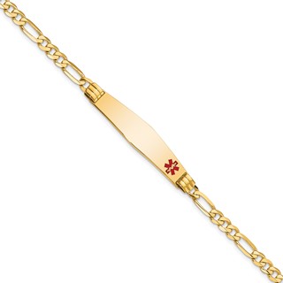 14K Medical Solid Chain/Solid Plate Soft Diamond Shape 36x9mm Off-Center Red Enamel Figaro Link 7 inch ID Bracelet