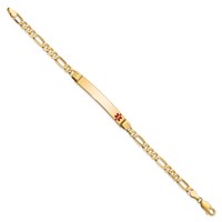 14K Yellow Gold Medical Solid Chain Solid Plate 37x 6mm Off-Center Red Enamel Figaro Link 7 Inch ID Bracelet view 2