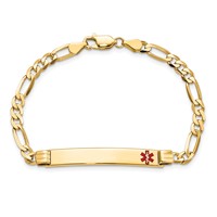 14K Yellow Gold Medical Solid Chain Solid Plate 37x 6mm Off-Center Red Enamel Figaro Link 7 Inch ID Bracelet view 4