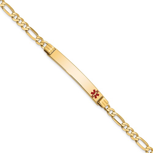 14K Yellow Gold Medical Solid Chain Solid Plate 37x 6mm Off-Center Red Enamel Figaro Link 7 Inch ID Bracelet