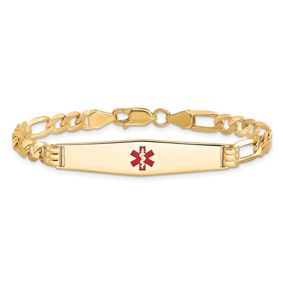 14K Medical Solid Chain/Solid Plate Soft Diamond Shape 36x9mm Centered Red Enamel Flat Figaro Link 7 inch ID Bracelet