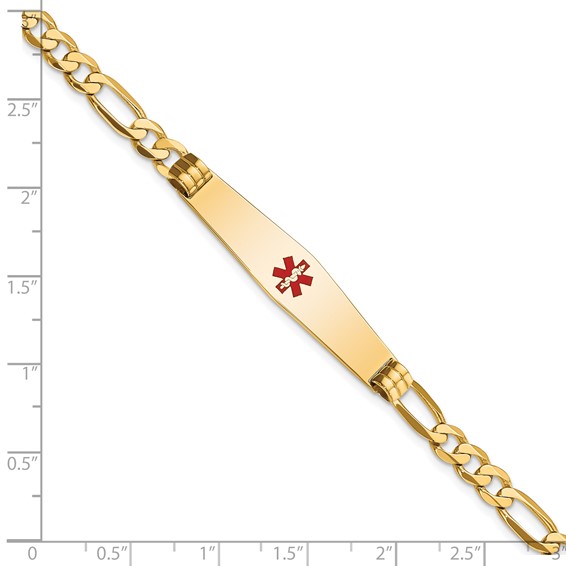 14K Medical Solid Chain/Solid Plate Soft Diamond Shape 36x9mm Centered Red Enamel Flat Figaro Link 7 inch ID Bracelet