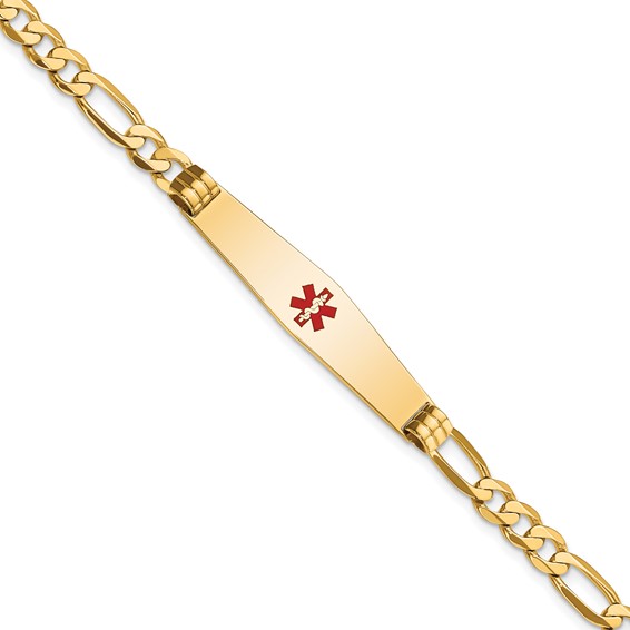 14K Medical Solid Chain/Solid Plate Soft Diamond Shape 36x9mm Centered Red Enamel Flat Figaro Link 7 inch ID Bracelet