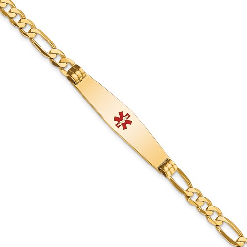 14K Yellow Gold Medical Solid Chain Solid Plate Soft Diamond Shape 36x 9mm Centered Red Enamel Flat Figaro Link ID Bracelet, 7"