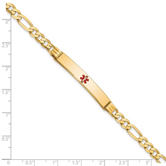 14K Medical Solid Chain/Solid Plate 37x6mm Centered Red Enamel Flat Figaro Link 7 inch ID Bracelet