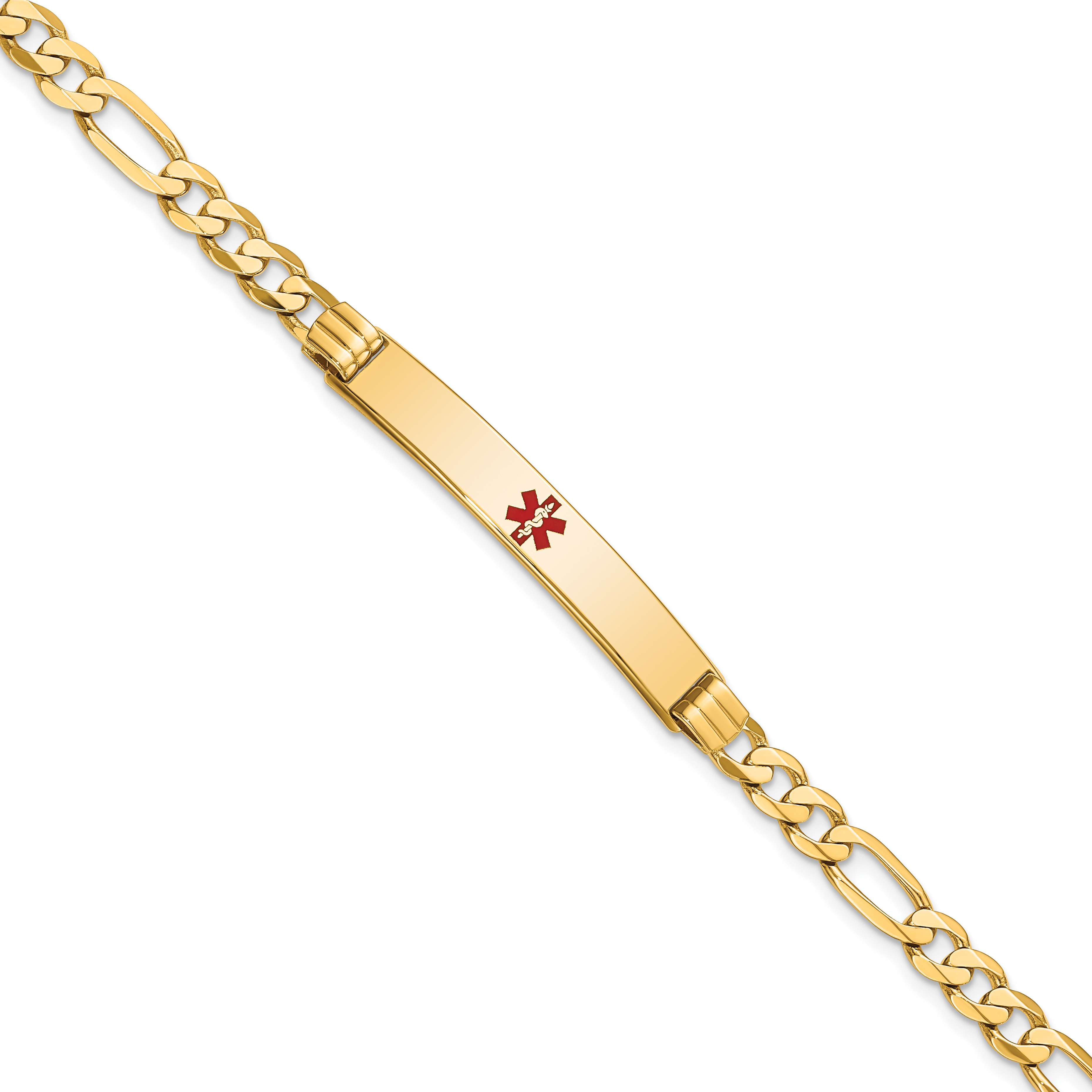 14K Medical Solid Chain/Solid Plate 37x6mm Centered Red Enamel Flat Figaro Link 7 inch ID Bracelet (XM566CR-7)