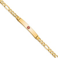 14K Yellow Gold Medical Solid Chain Solid Plate 37x6mm Centered Red Enamel Flat Figaro Link ID Bracelet - 7in view 1