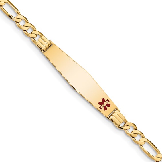 14K Medical Solid Chain/Solid Plate Soft Diamond Shape 36x9mm Off-Center Red Enamel Flat Figaro Link 7 inch ID Bracelet