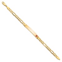 14K Yellow Gold Medical Solid Chain Solid Plate 37x 6mm Off-Center Red Enamel Flat Figaro Link ID Bracelet, 7" view 2