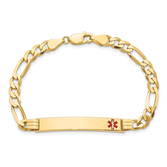 14K Medical Solid Chain/Solid Plate 37x6mm Off-Center Red Enamel Flat Figaro 7 inch Link ID Bracelet