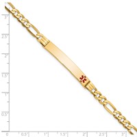 14K Yellow Gold Medical Solid Chain Solid Plate 37x 6mm Off-Center Red Enamel Flat Figaro Link ID Bracelet, 7" view 3